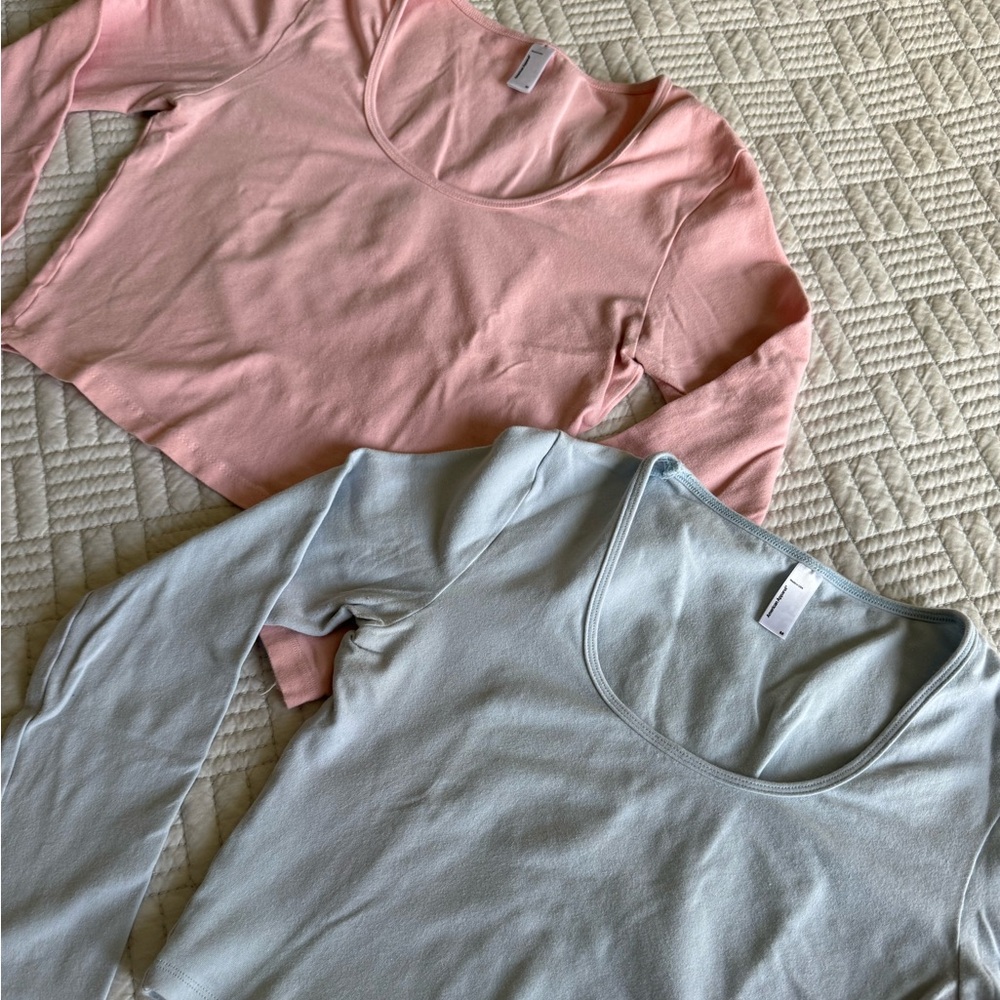 RARE Bundle of 2 American Apparel Pink & Blue Long Sleeve Crop Tops - Picture 2 of 4